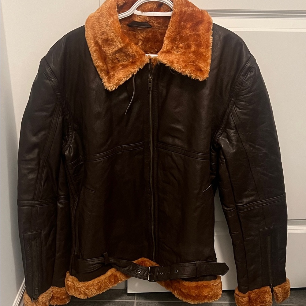 Men's Brown Leather Flight Jacket with Tan Shearling Collar